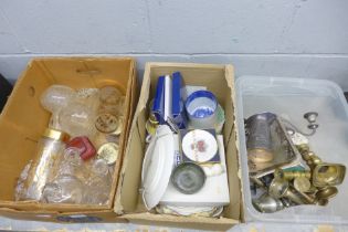 Three boxes of assorted china, silver plate and glass including a pair of decanters, cranberry glass