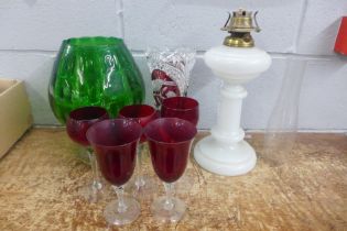 A vintage Hofbauer Bryrds crystal vase, ruby red, Cranberry and clear tulip wine glasses, a Mid