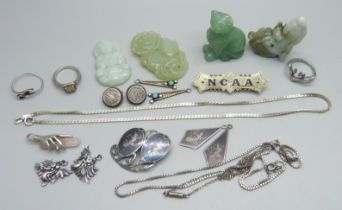 A hallmarked silver brooch, Birmingham 1901, marked NCAA, other silver jewellery, three jade