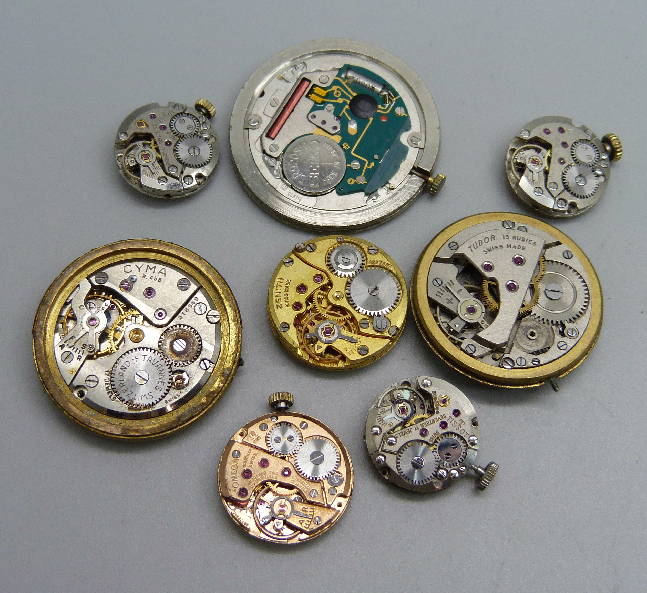 Eight wristwatch movements; a gentleman's Tudor by Rolex, Bueche-Girod, Cyma, a lady's Omega, Zenith - Image 4 of 4