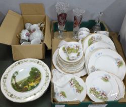 A hunting scene bone china tea set, a continental coffee set, two glass vases, bell and other