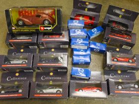 A collection of Collezione cars, boxed, Fina Classic Motors, Burago Bugatti 1936 and an Atlantic Cod