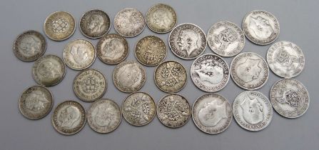 Nine silver George V sixpences; 1906, 1911 to 1916, 1918, 1919 and seventeen pre 1946 threepence