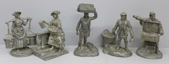 Five pewter figures of Victorian tradesmen/street sellers