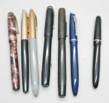 Seven ink pens, Swan, Conway Stewart, Sheaffer, etc, some with 14ct gold nibs