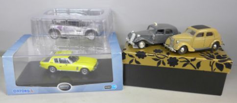 A Mini Cooper, Oxford Jensen Interceptor, a Dinky Toys car and Solido