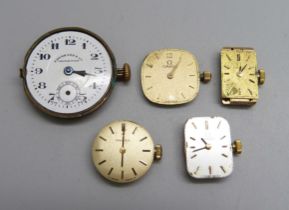 Four lady's Omega wristwatch movements and an Eberhard watch movement