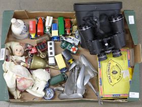 A pair of 10 x 50 binoculars, model vehicles, shoe stretchers and plated flatware, etc. **PLEASE