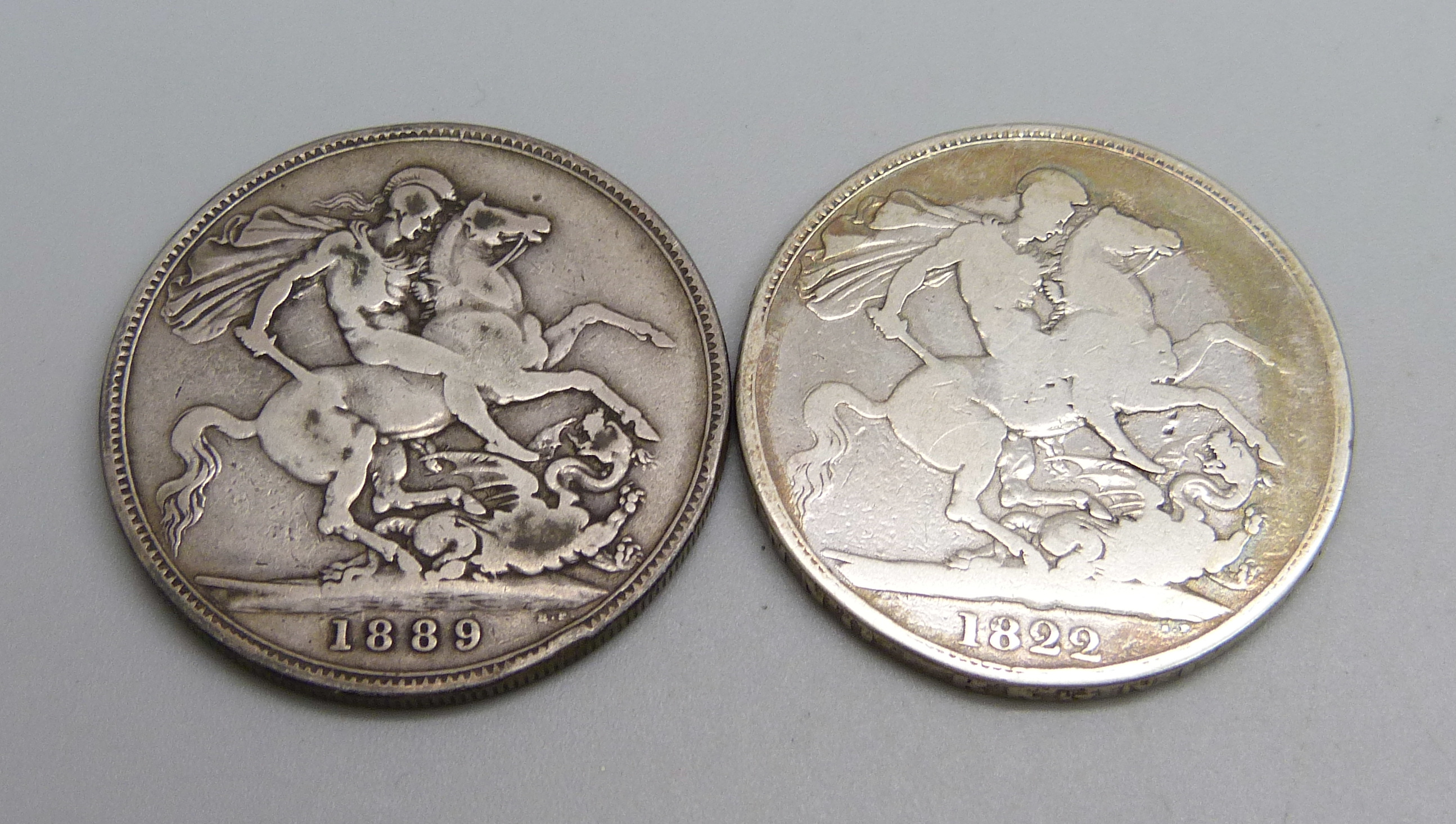 Coins; 1822 and 1889 silver crowns - Image 2 of 2