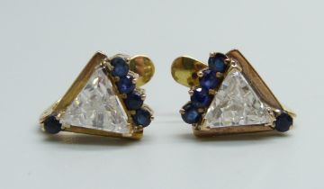 A pair of 14k gold designer sapphire and rock crystal earrings, 6.3g