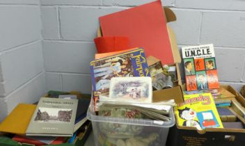 Three boxes of assorted items, books, annuals, Fez, china, car clock display, etc.**PLEASE NOTE THIS