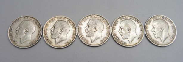 Five George V half crowns, 1915-1919, 70.3g