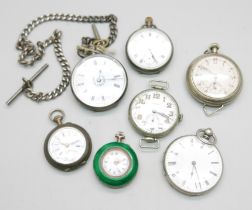 An 800 silver fob watch with silver Albert chain, an enamelled fob watch lacking loop, four other