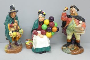 Three Royal Doulton figures, The Mask Seller, Town Crier and The Old Balloon Seller