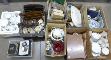 Nine boxes of assorted glass and china including Poole, collectors spoons, Royal commemorative mugs,