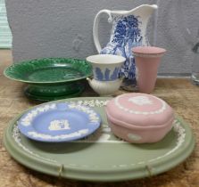 Seven pieces of pink, blue and green Wedgwood including five jasperware