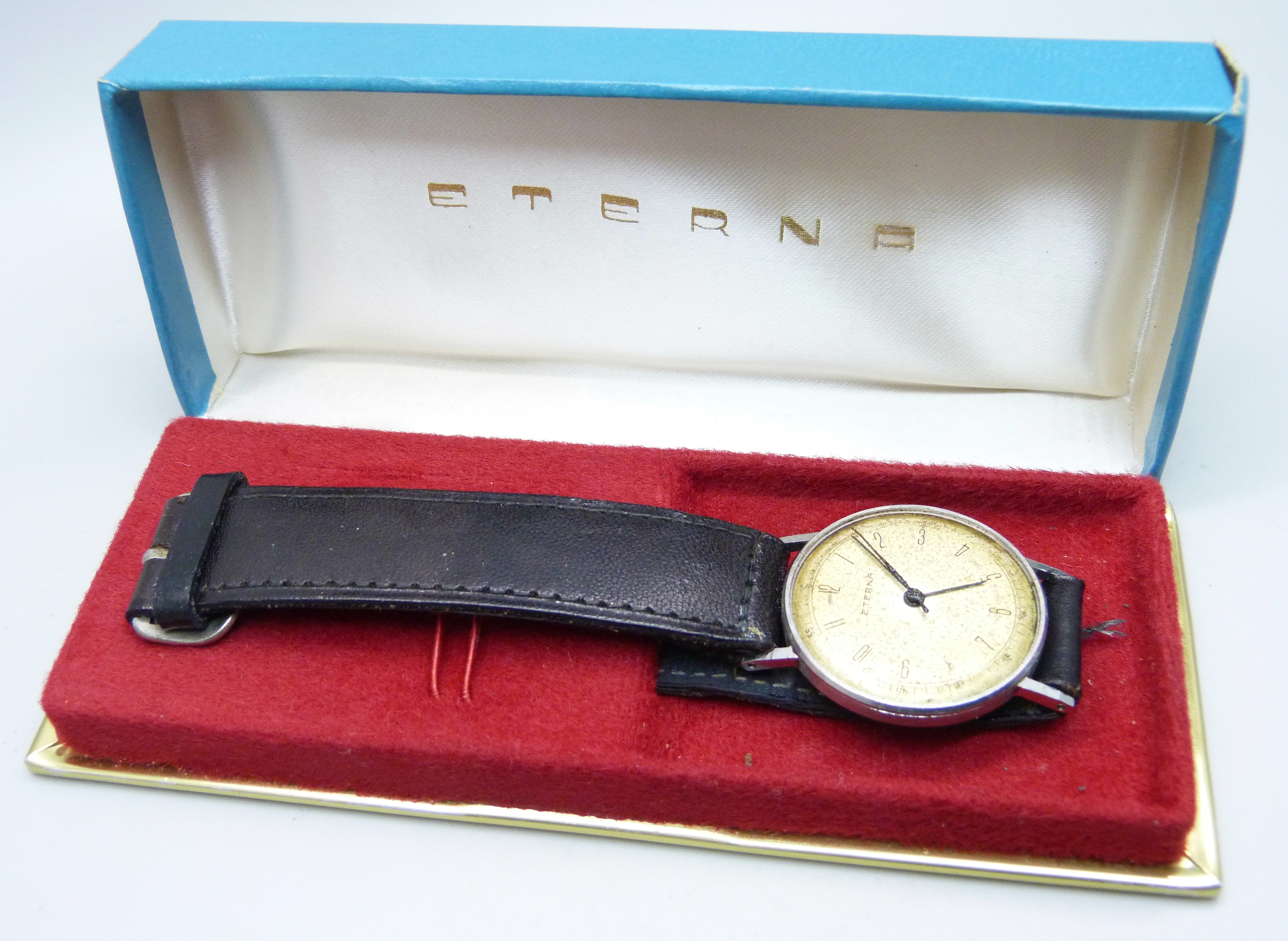 A gentleman's Eterna wristwatch, boxed, 29mm case, lacking crown and glass