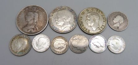 Pre 1946 silver coins including 1890 double florin, 1697 sixpence and 1829 shilling, 73g