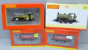 A Hornby R3693 Peckett B2 Sherwood Colliery No.4 OO gauge locomotive and two No.47 Sherwood Colliery