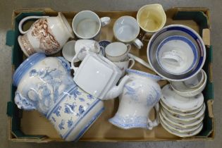 Six French coffee cups and saucers, a Royal Doulton jug, a/f, a blue and white relief mug, a teapot,