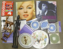 A carved wooden sculpture, Wedgwood Jasperware, a Jimi Hendrix CD set, Marily Monroe book, etc. **