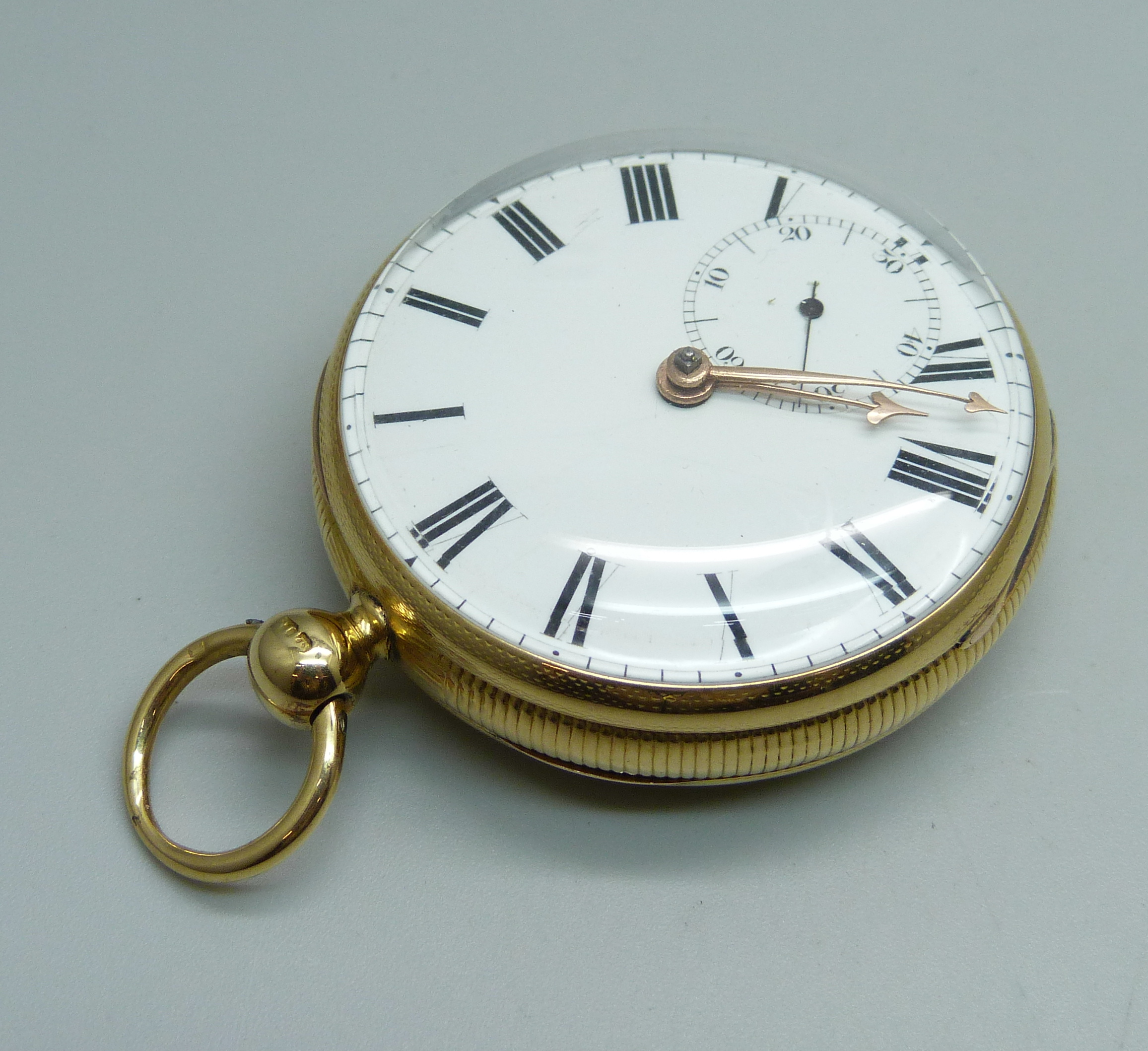An 18ct gold fusee pocket watch with diamond end stone, by J.E. Lawson, Bishopsgate Within, the case