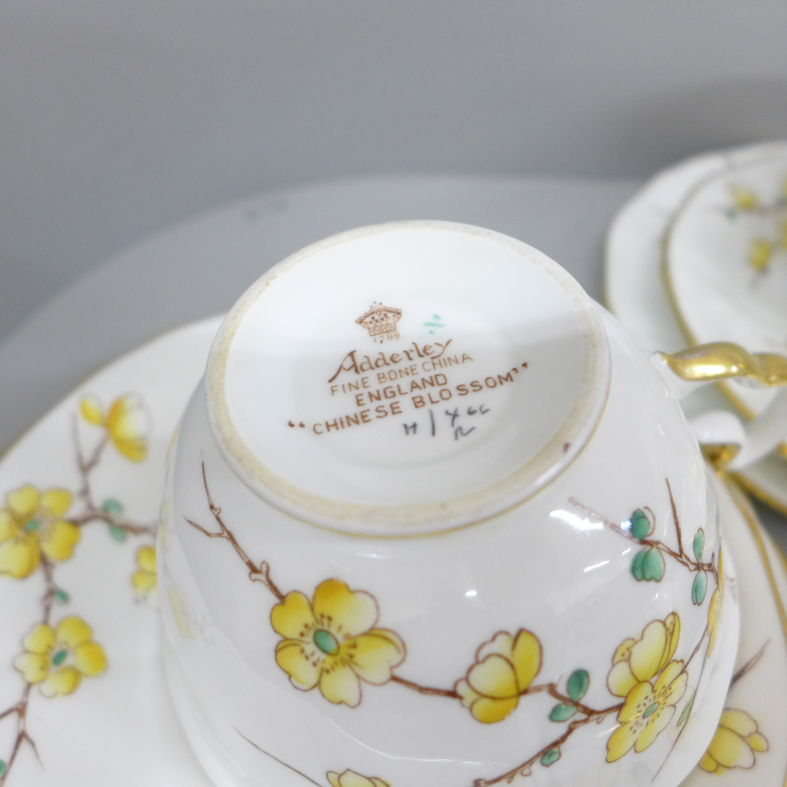 An Adderley fine bone china Chinese Blossom part tea set, five cups, seven saucers and tea plates, - Image 3 of 4