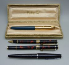 A collection of pens; Parker 51 boxed and one other ink pen and a matching ink pen and ballpoint pen