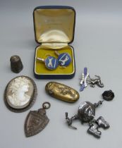 A silver and enamel Royal West Kent badge, an Alpine brooch, an oriental vesta case, Wedgwood