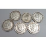 Coins; five George V pre 1920 silver half-crowns and a Victorian florin 1890, 81.1g