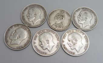Coins; five George V pre 1920 silver half-crowns and a Victorian florin 1890, 81.1g
