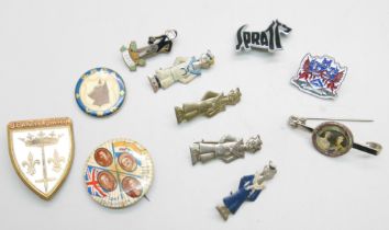 Assorted badges including French enamelled Joan of Arc pin/brooch