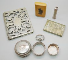 Two vesta cases, a silver cigar spiker, a collapsible cup in a pocket watch type case and a plated