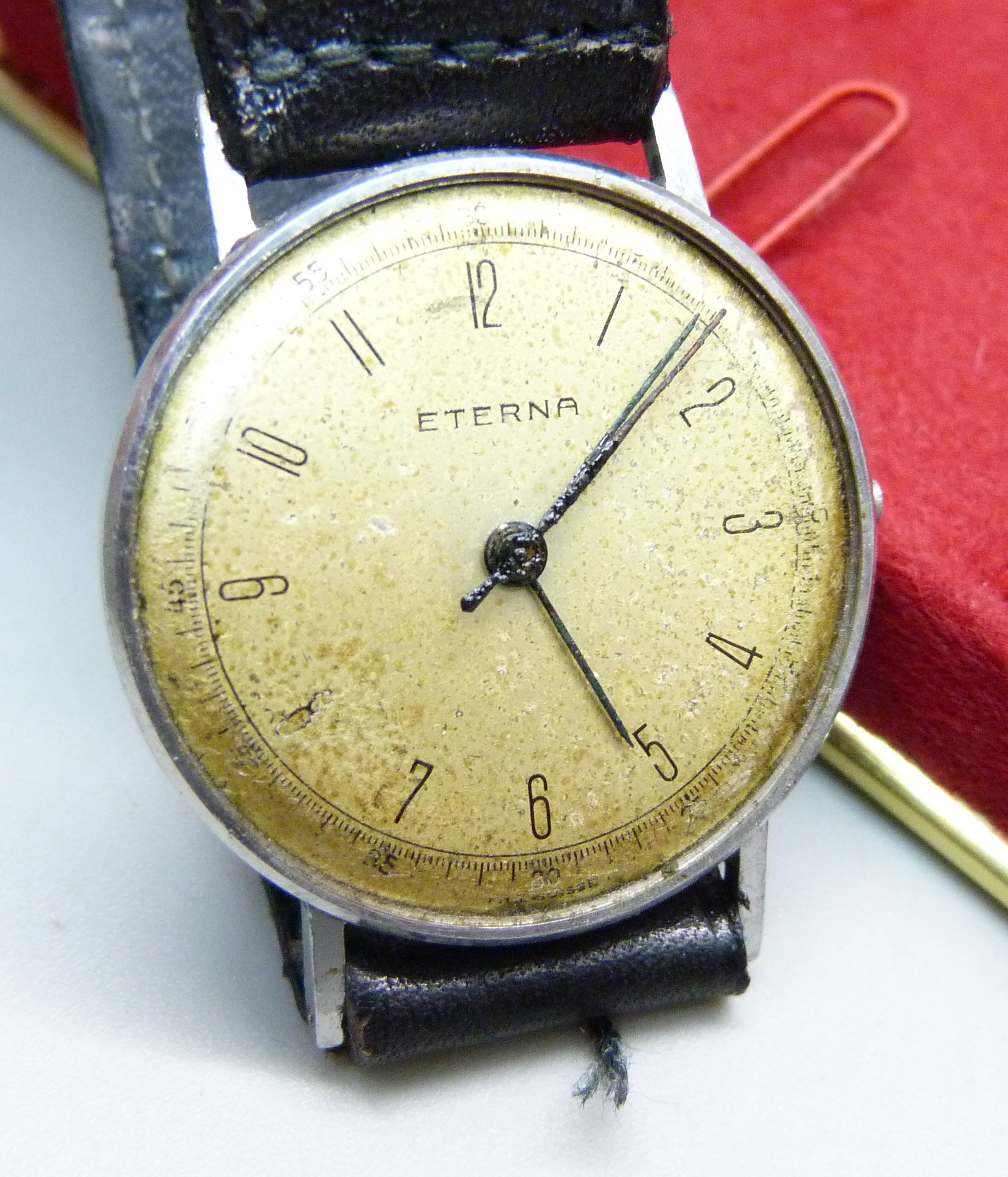 A gentleman's Eterna wristwatch, boxed, 29mm case, lacking crown and glass - Image 2 of 4