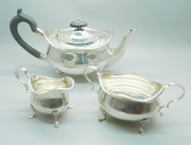 A three piece silver bachelors tea service, Birmingham 1927, 540g