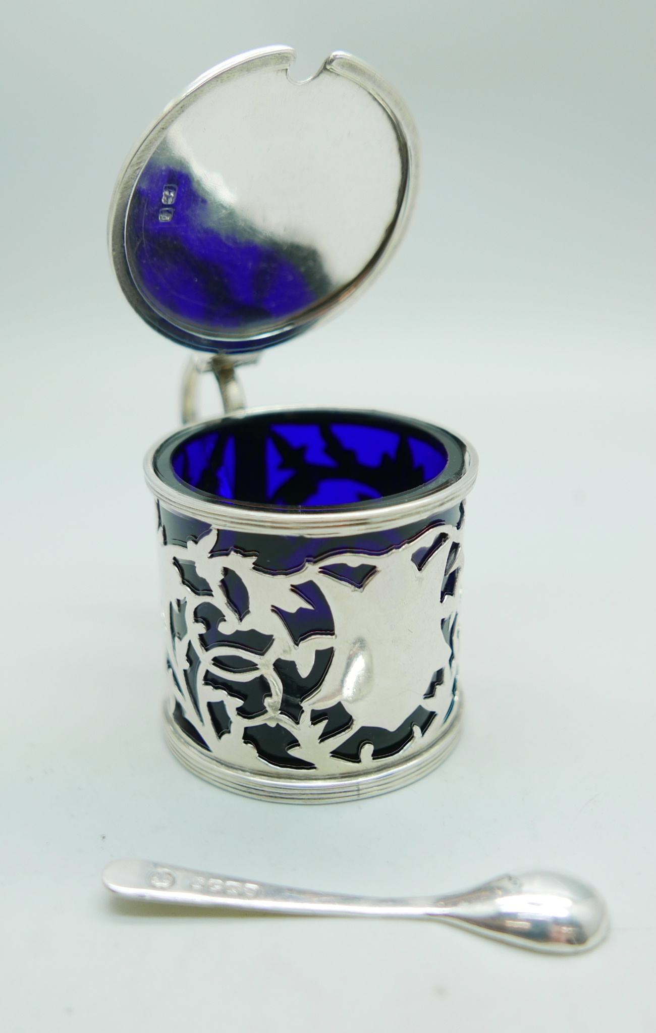 A silver mustard with blue glass liner and a plated spoon, Birmingham 1903, 56g - Image 2 of 3