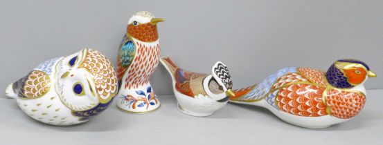 Four Royal Crown Derby paperweights; owl, pheasant, crested tit and hummingbird