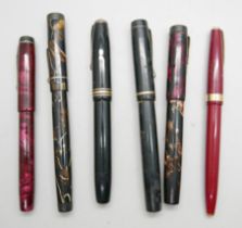 Six fountain pens, Conway Stewart x3, Watermans x2 and Burnham, all with 14ct gold nibs