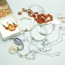 Two Pandora silver bangles, other silver and silver mounted jewellery and an amber necklace