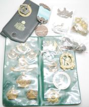 A collection of South African cap badges, buttons and pips and a Freemasons medallion