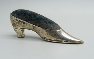 A novelty silver pin cushion in the form of a shoe, Chester 1906, 57mm