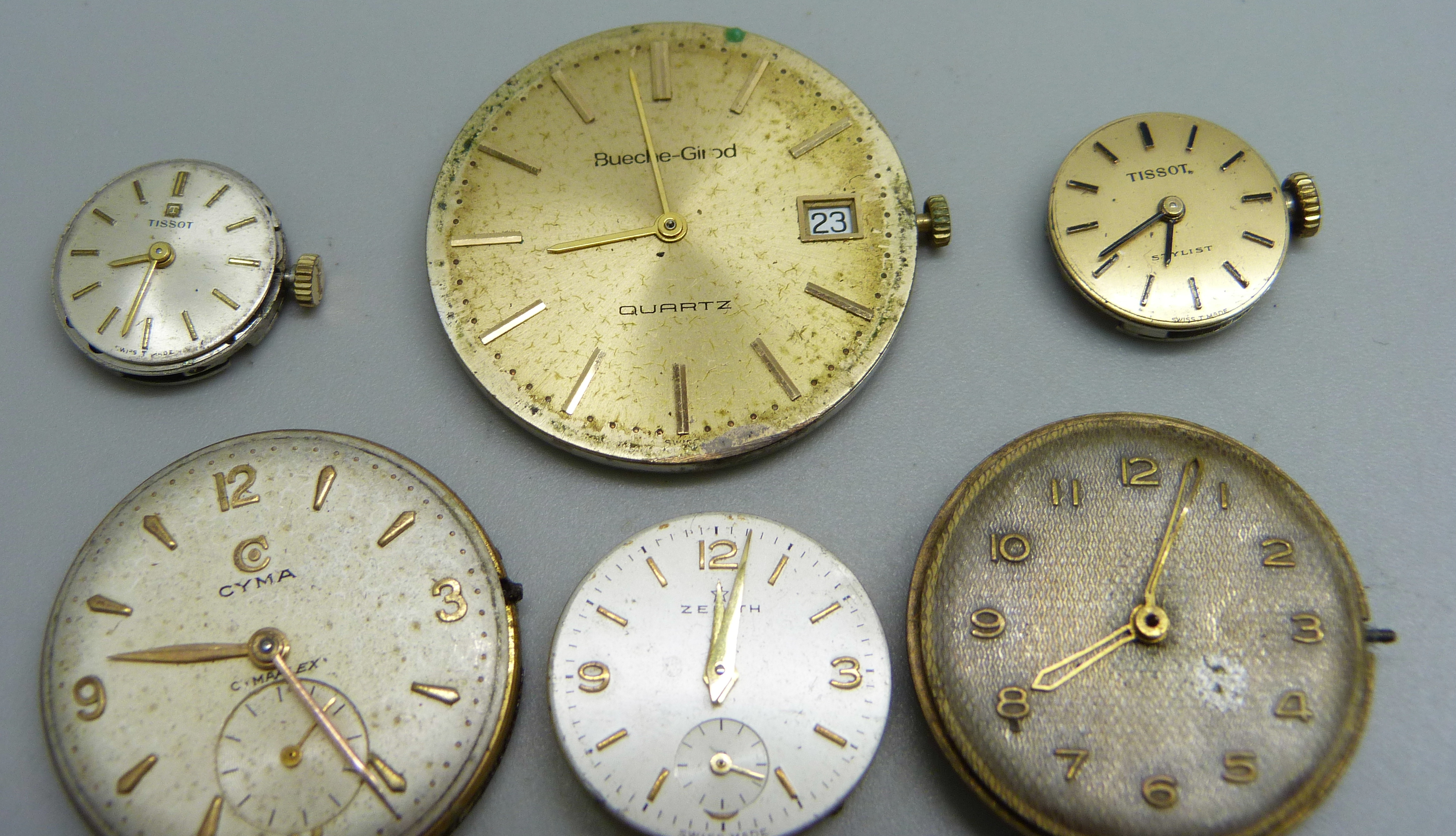 Eight wristwatch movements; a gentleman's Tudor by Rolex, Bueche-Girod, Cyma, a lady's Omega, Zenith - Image 2 of 4