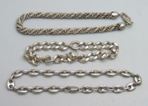 Three silver bracelets, 38.3g