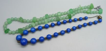 A lapis lazuli necklace and a jade necklace, 40cm and 52cm