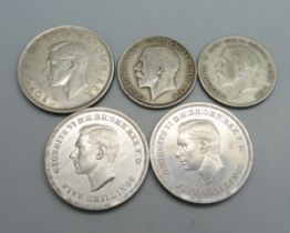 Three uncirculated crowns; 2x 1951 and 1937, and two half-crowns 1921 and 1929