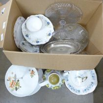 A collection of glassware, china plates and a plated basket **PLEASE NOTE THIS LOT IS NOT ELIGIBLE