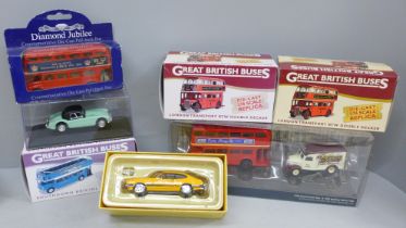 A collection of seven model vehicles, Atlas Editions and Vanguards, boxed