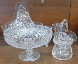 Six items of crystal glass; American cut pinwheel crystal pedestal bowl, large basket, pair of small