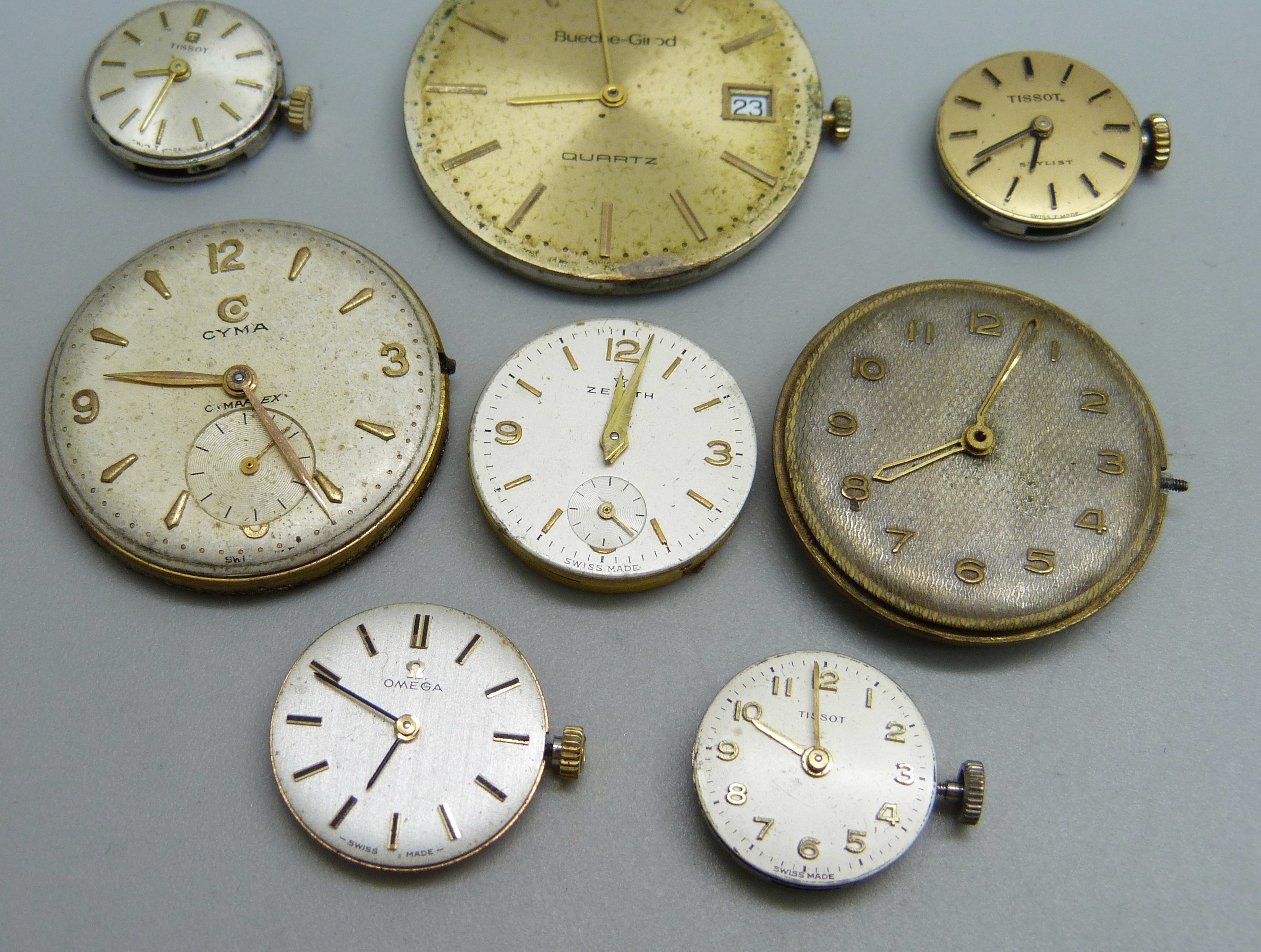 Eight wristwatch movements; a gentleman's Tudor by Rolex, Bueche-Girod, Cyma, a lady's Omega, Zenith - Image 3 of 4