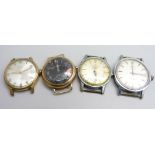 Four gentleman's wristwatches, two lacking crowns